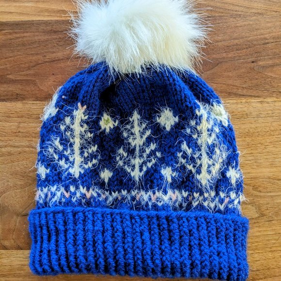 Blue Hand made tricot Winter hat-beanie for woman with Christmas pattern - Picture 1 of 1